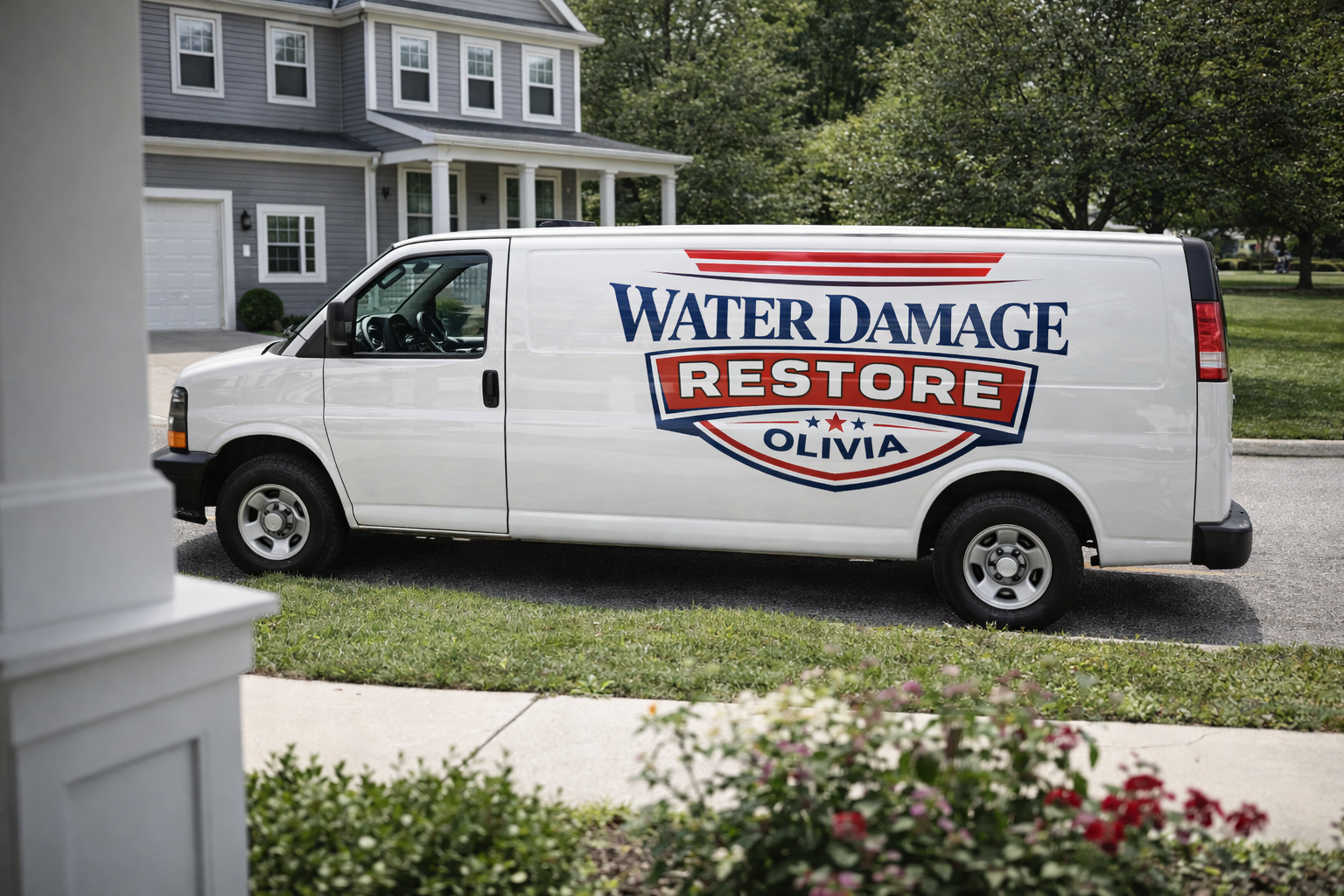 Olivia water damage repair work van