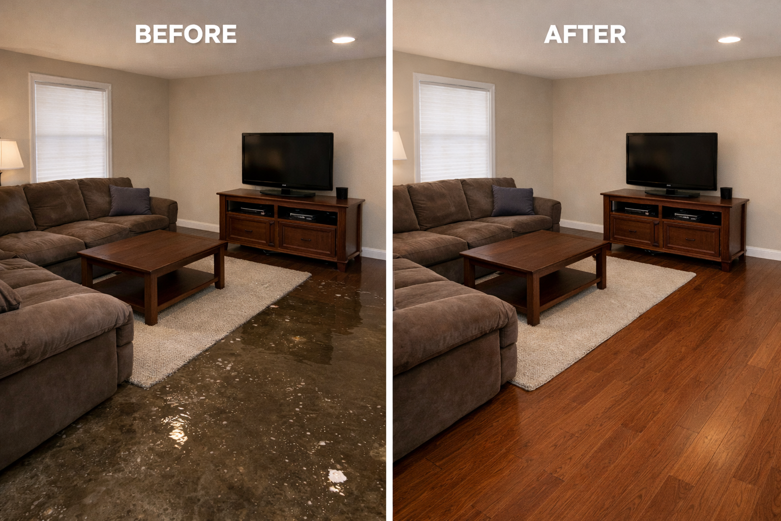Water damage restoration in living room